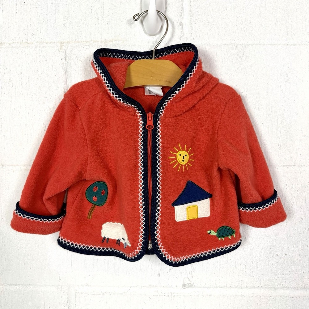 Hanna Andersson Tassel Fleece Hoodie 3-6 Mo Red Patches Whimsy Sun Moon Animals